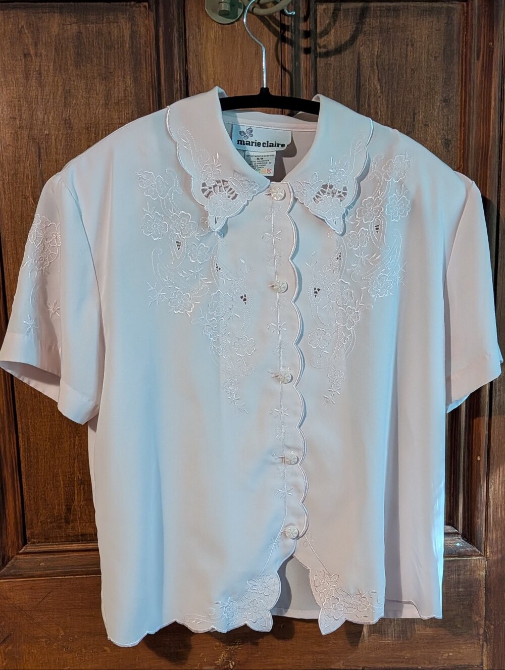 Vintage Dusty Rose Embroidered Scalloped Short Sleeve Blouse